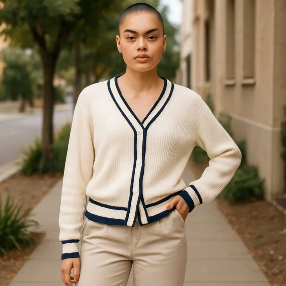 LOFT  V-Neck Cardigan blue and white maritime NWT cotton - Picture 5 of 5